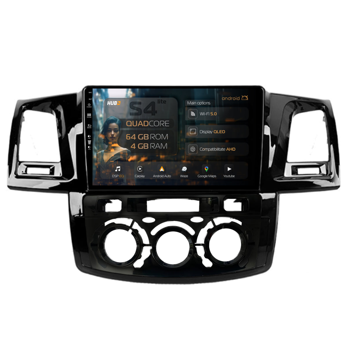 Navigatie HUB64 Toyota Hilux (2008-2014) Clima Manuala, 4GB RAM, Android, Quadcore, DSP, GPS, Wi-FI, Carplay, Android Auto, USB, Bluetooth, Waze, Touchscreen, 9 inch