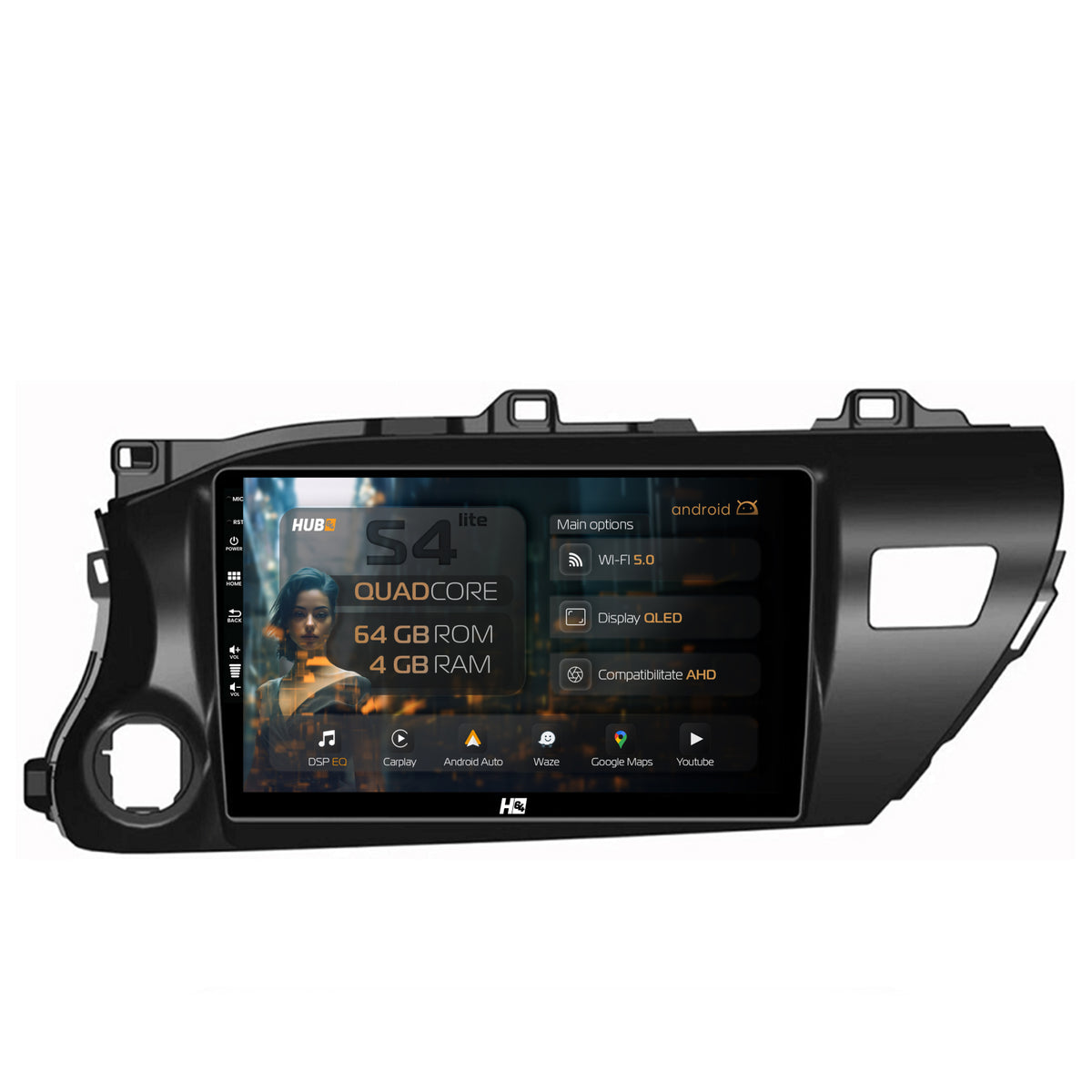 Navigatie HUB64 Toyota Hilux (2015+), 4GB RAM, Android, Quadcore, DSP, GPS, Wi-FI, Carplay, Android Auto, USB, Bluetooth, Waze, Touchscreen, 10.1 inch