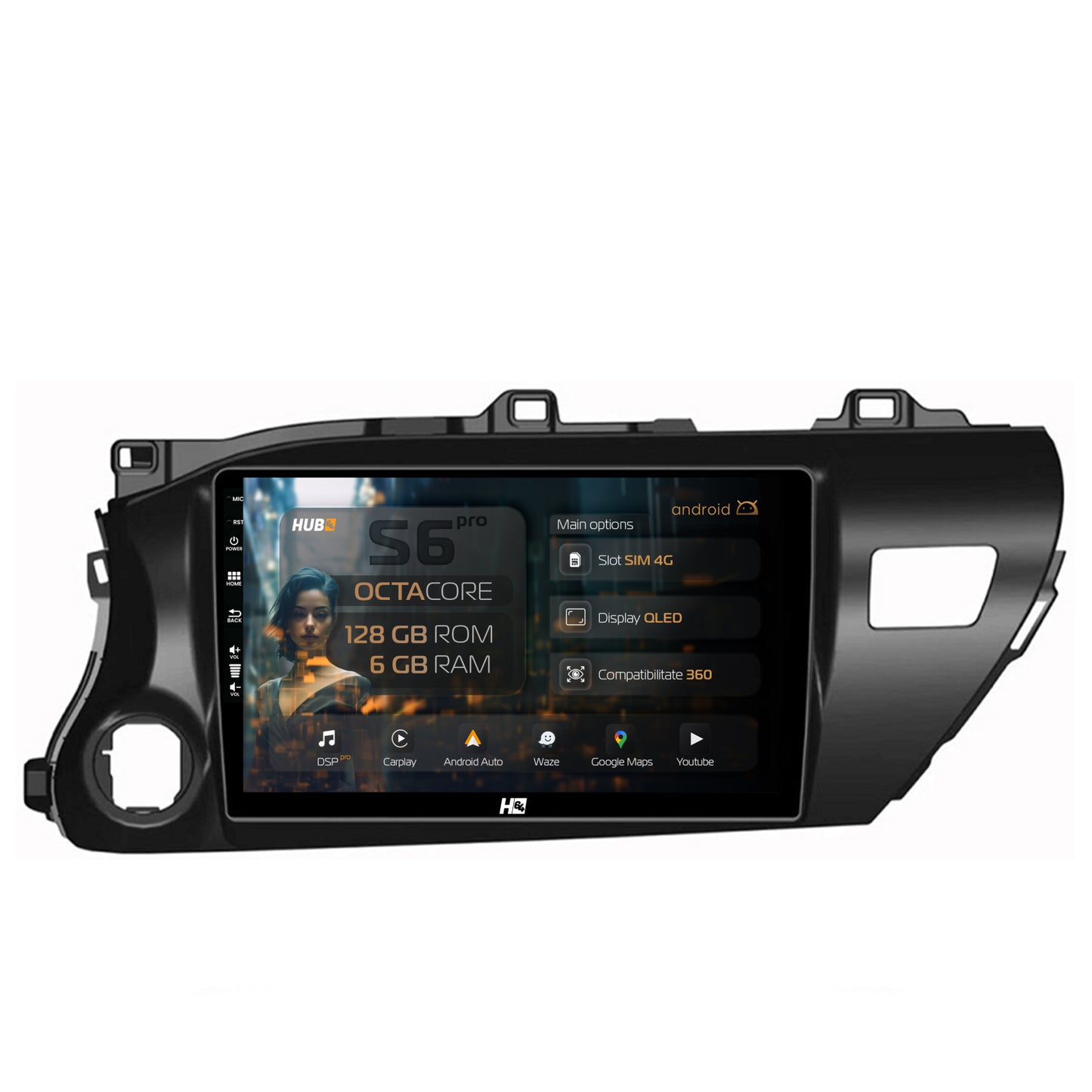 Navigatie HUB64 Toyota Hilux (2015+), 6GB RAM, Android, Octacore, Slot Sim 4G, DSP, GPS, Wi-FI, Carplay, Android Auto, USB, Bluetooth, Waze, Touchscreen, 10.1 Inch