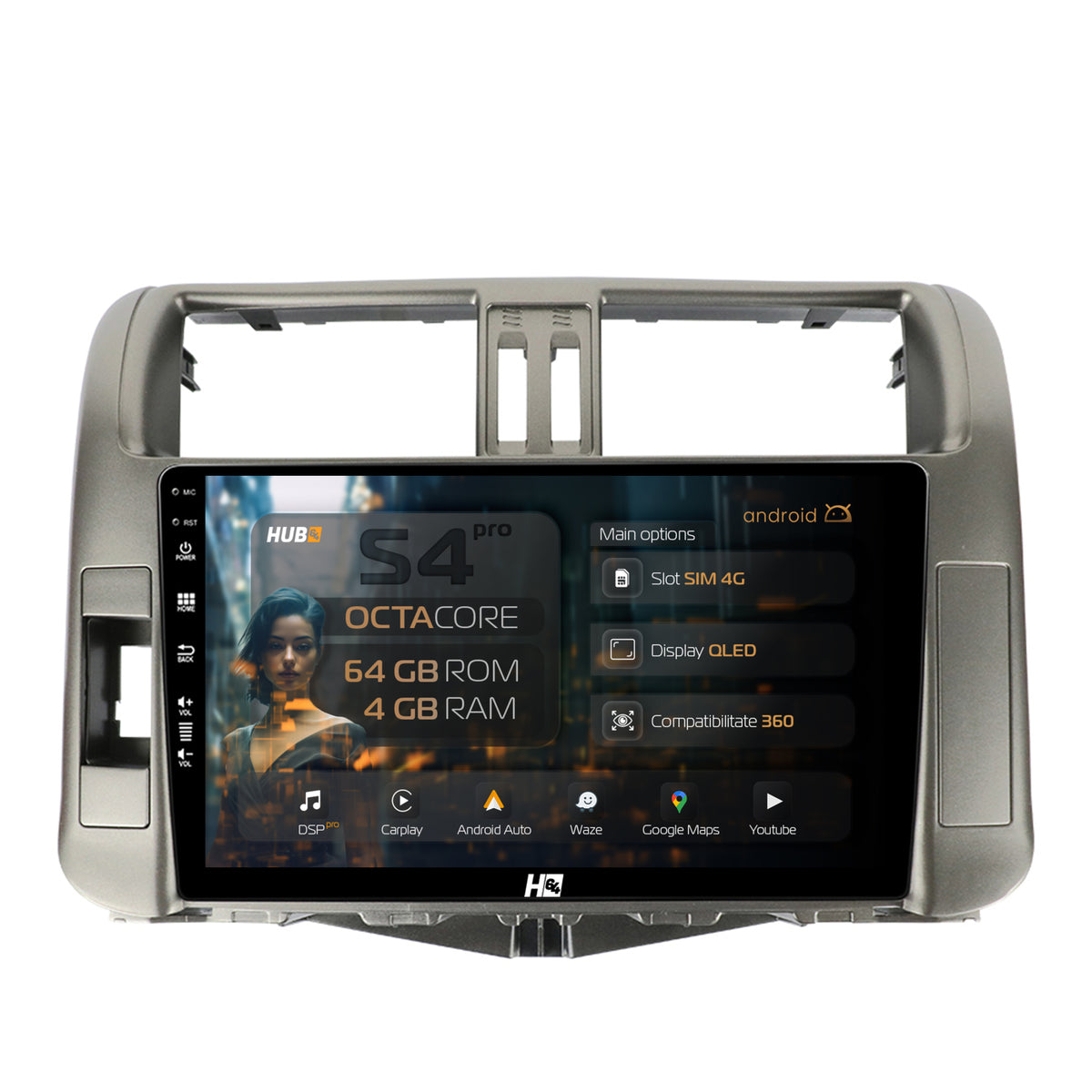 Navigatie HUB64 Toyota Land Cruiser / Prado (2009-2013), 4GB RAM, Android, Octacore, Slot Sim 4G, DSP, GPS, Wi-FI, Carplay, Android Auto, USB, Bluetooth, Waze, Touchscreen, 9 inch