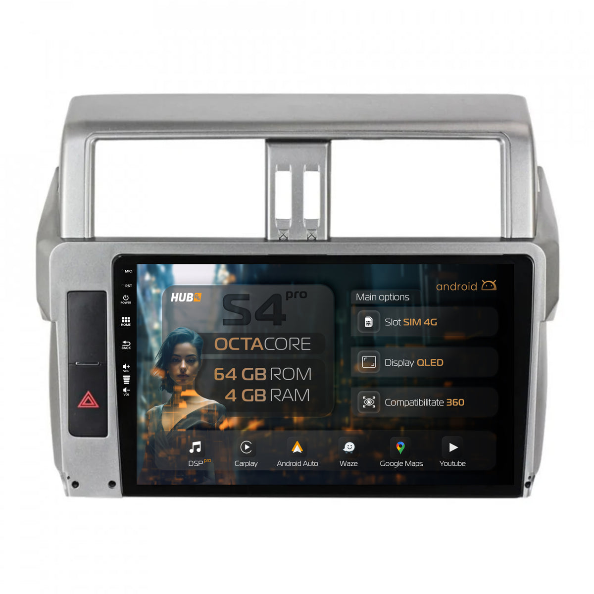 Navigatie HUB64 Toyota Land Cruiser / Prado J150 (2013-2017), 4GB RAM, Android, Octacore, Slot Sim 4G, DSP, GPS, Wi-FI, Carplay, Android Auto, USB, Bluetooth, Waze, Touchscreen, 10.1 inch