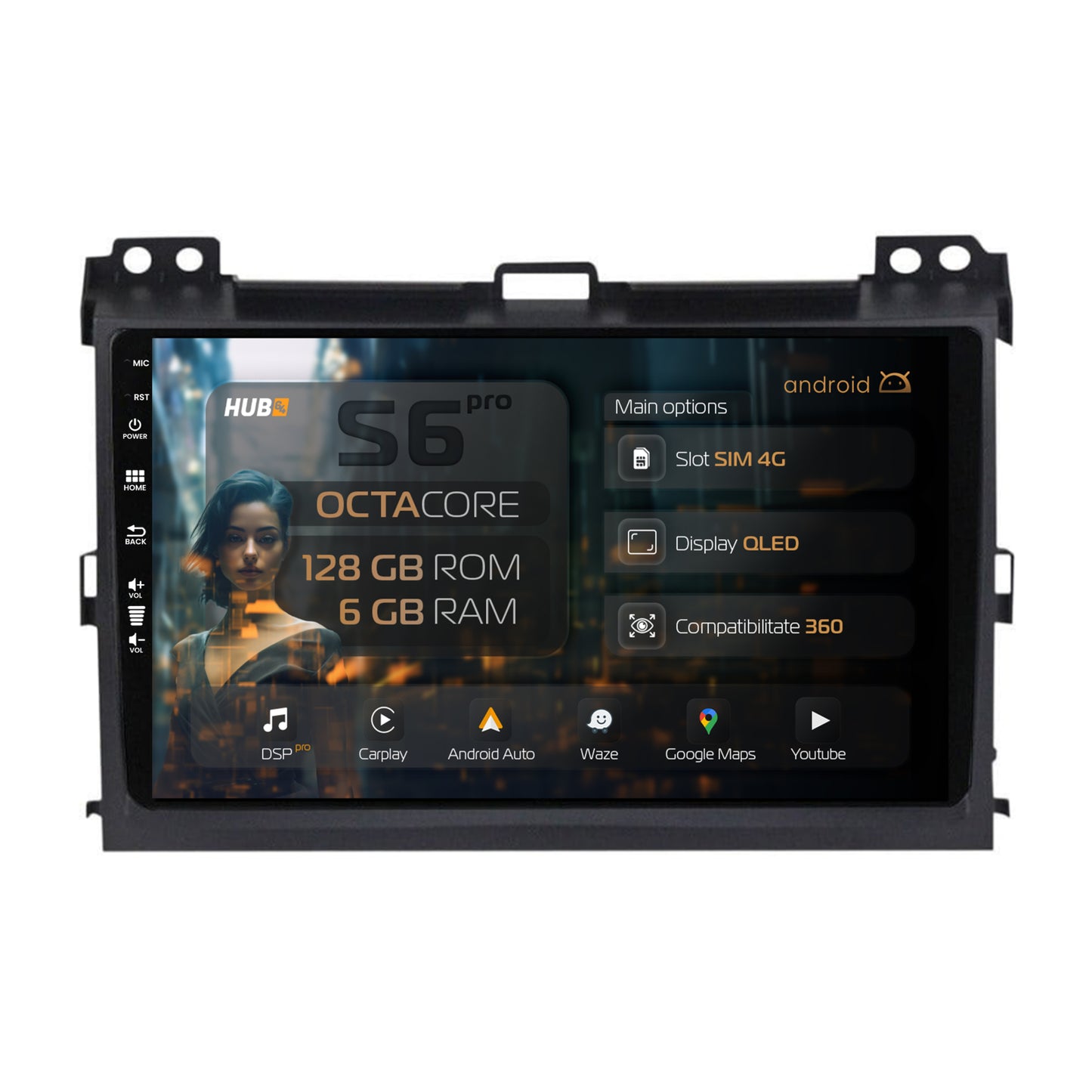 Navigatie HUB64 Toyota Prado J120 (2002-2010), 6GB RAM, Android, Octacore, Slot Sim 4G, DSP, GPS, Wi-FI, Carplay, Android Auto, USB, Bluetooth, Waze, Touchscreen, 9 Inch