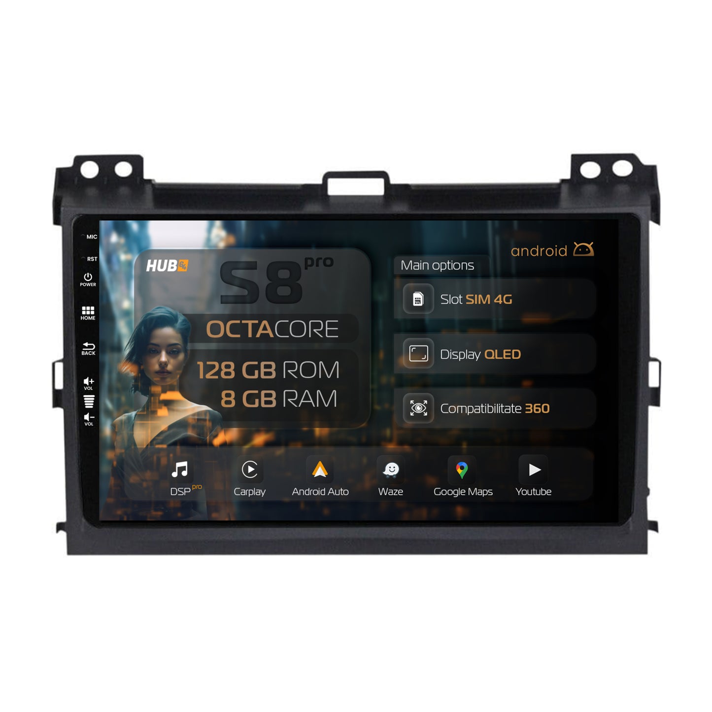 Navigatie HUB64 Toyota Prado J120 (2002-2010), 8GB RAM, Android, Octacore, Slot Sim 4G, DSP, GPS, Wi-FI, Carplay, Android Auto, USB, Bluetooth, Waze, Touchscreen, 9 Inch
