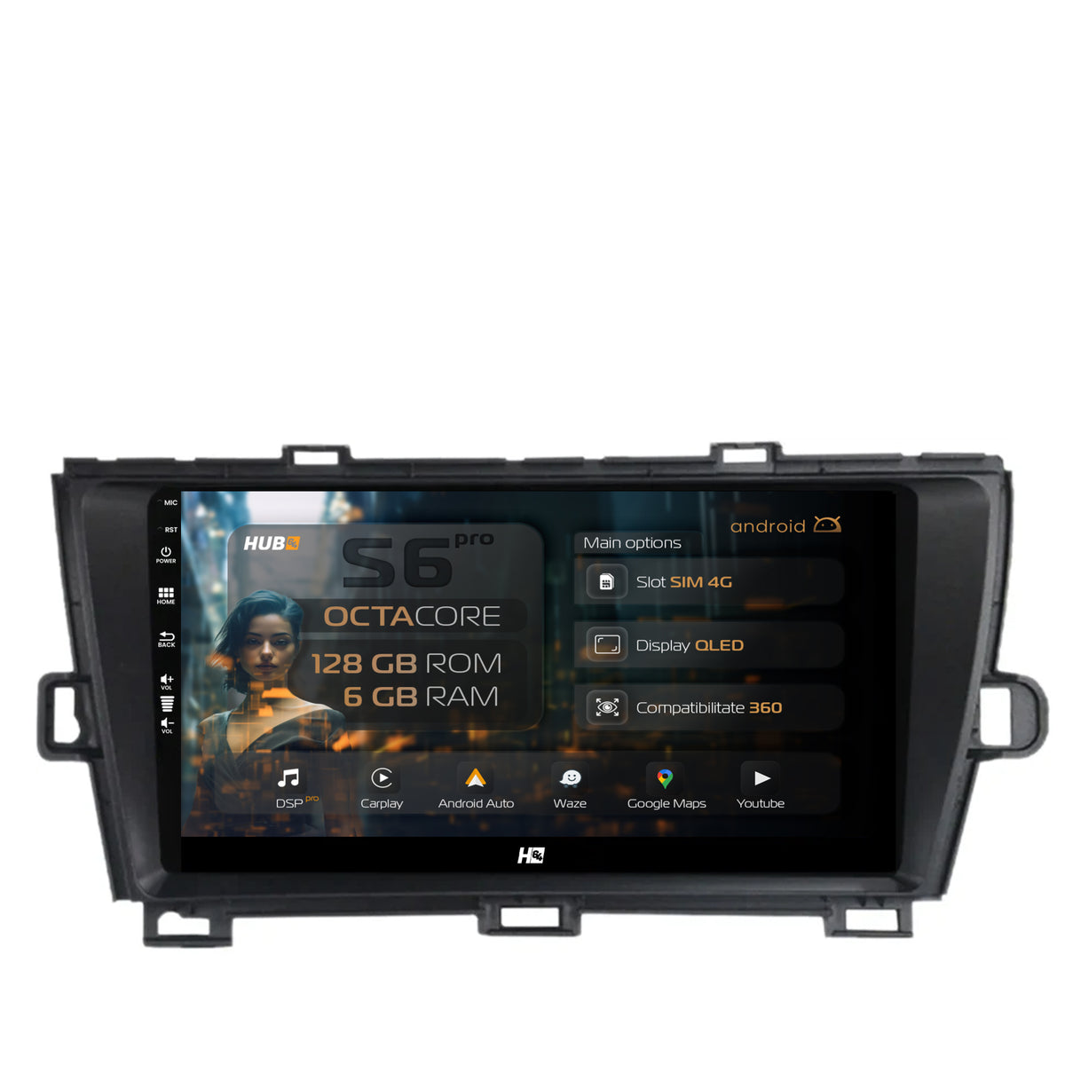 Navigatie HUB64 Toyota Prius (2009-2014), 6GB RAM, Android, Octacore, Slot Sim 4G, DSP, GPS, Wi-FI, Carplay, Android Auto, USB, Bluetooth, Waze, Touchscreen, 9 Inch