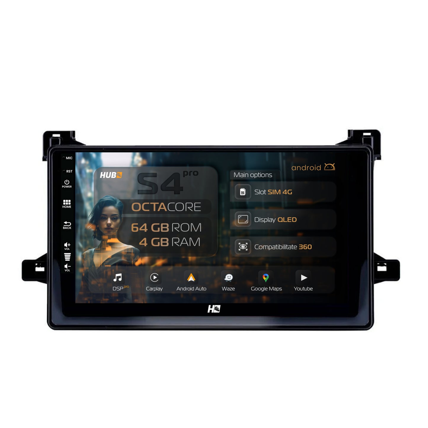 Navigatie HUB64 Toyota Prius (2015+), 4GB RAM, Android, Octacore, Slot Sim 4G, DSP, GPS, Wi-FI, Carplay, Android Auto, USB, Bluetooth, Waze, Touchscreen, 9 Inch