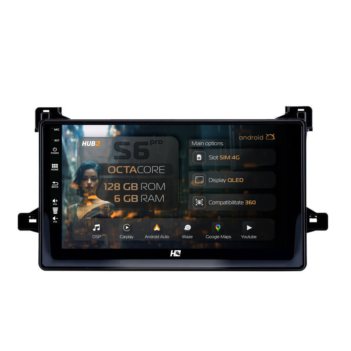 Navigatie HUB64 Toyota Prius (2015+), 6GB RAM, Android, Octacore, Slot Sim 4G, DSP, GPS, Wi-FI, Carplay, Android Auto, USB, Bluetooth, Waze, Touchscreen, 9 Inch