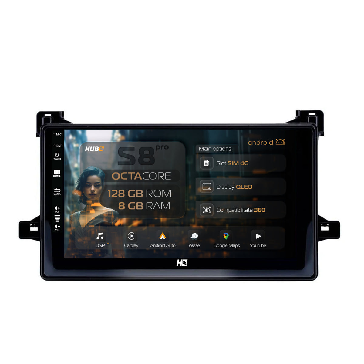 Navigatie HUB64 Toyota Prius (2015+), 8GB RAM, Android, Octacore, Slot Sim 4G, DSP, GPS, Wi-FI, Carplay, Android Auto, USB, Bluetooth, Waze, Touchscreen, 9 Inch