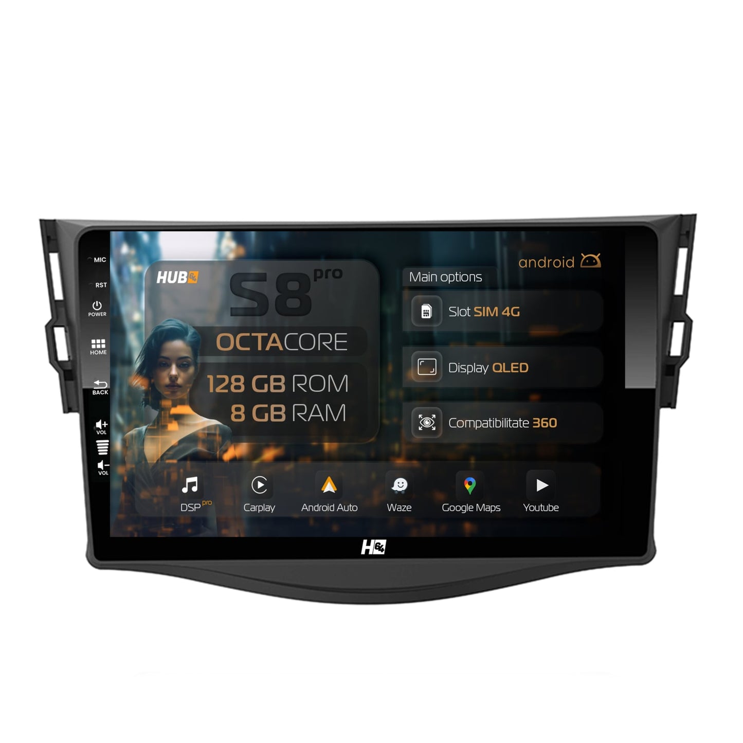Navigatie HUB64 Toyota RAV4 (2006-2013), 8GB RAM, Android, Octacore, Slot Sim 4G, DSP, GPS, Wi-FI, Carplay, Android Auto, USB, Bluetooth, Waze, Touchscreen, 9 Inch