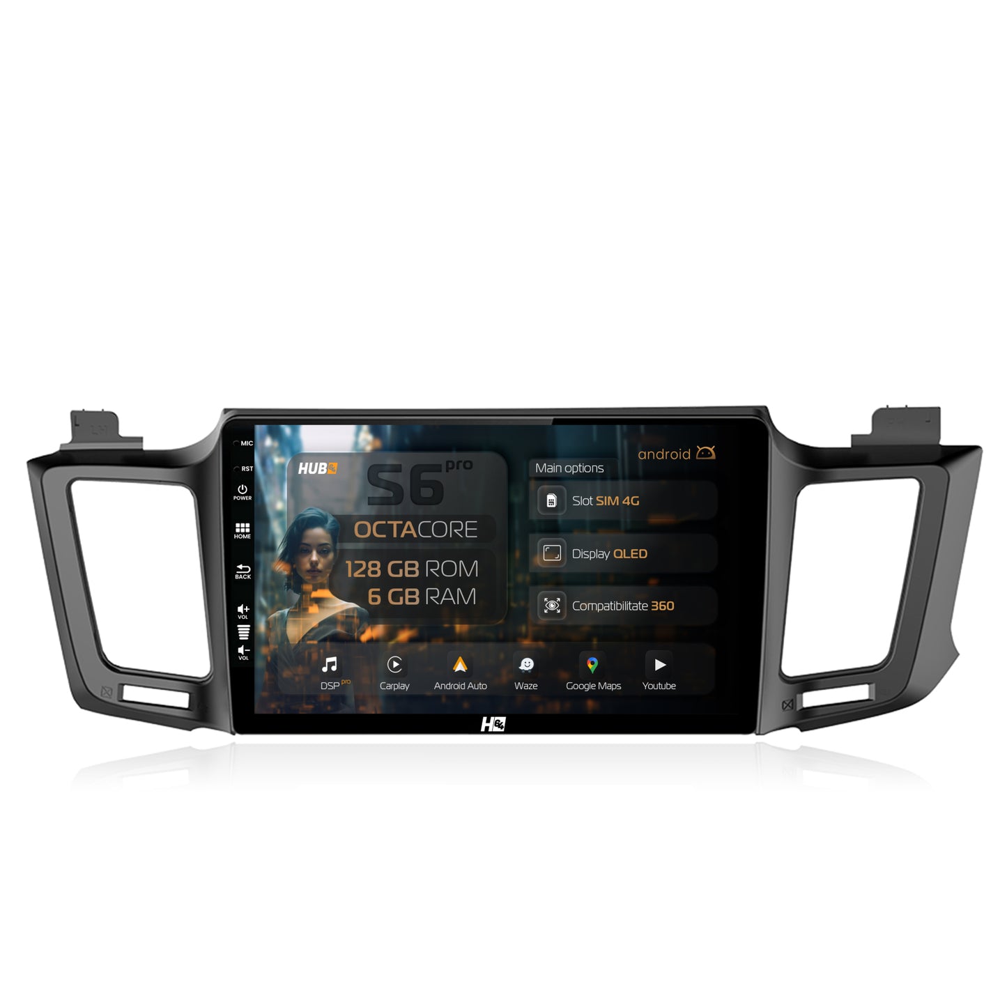 Navigatie HUB64 Toyota RAV4 (2013-2018), 6GB RAM, Android, Octacore, Slot Sim 4G, DSP, GPS, Wi-FI, Carplay, Android Auto, USB, Bluetooth, Waze, Touchscreen, 10.1 Inch