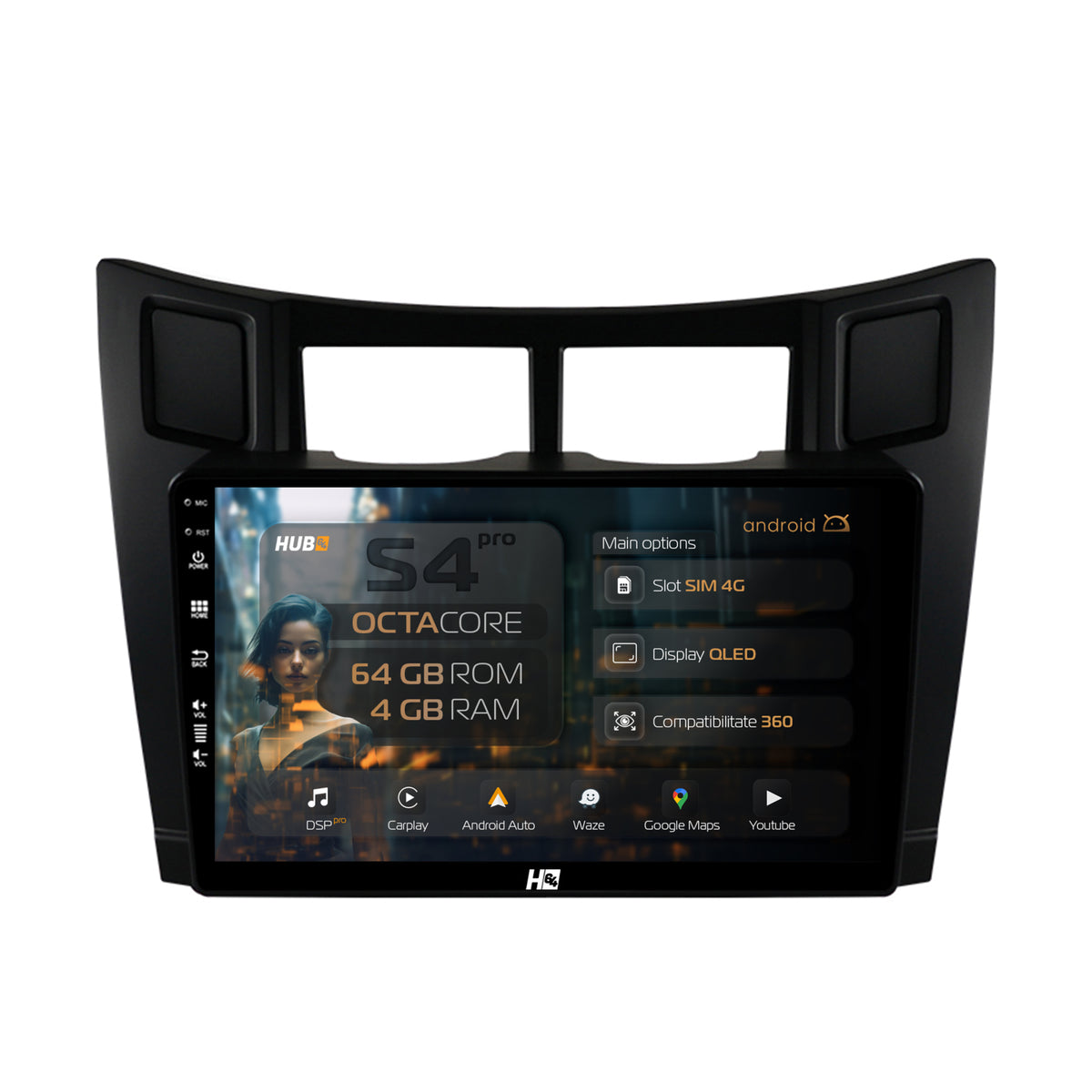 Navigatie HUB64 Toyota Yaris (2005-2012), 4GB RAM, Android, Octacore, Slot Sim 4G, DSP, GPS, Wi-FI, Carplay, Android Auto, USB, Bluetooth, Waze, Touchscreen, 9 inch