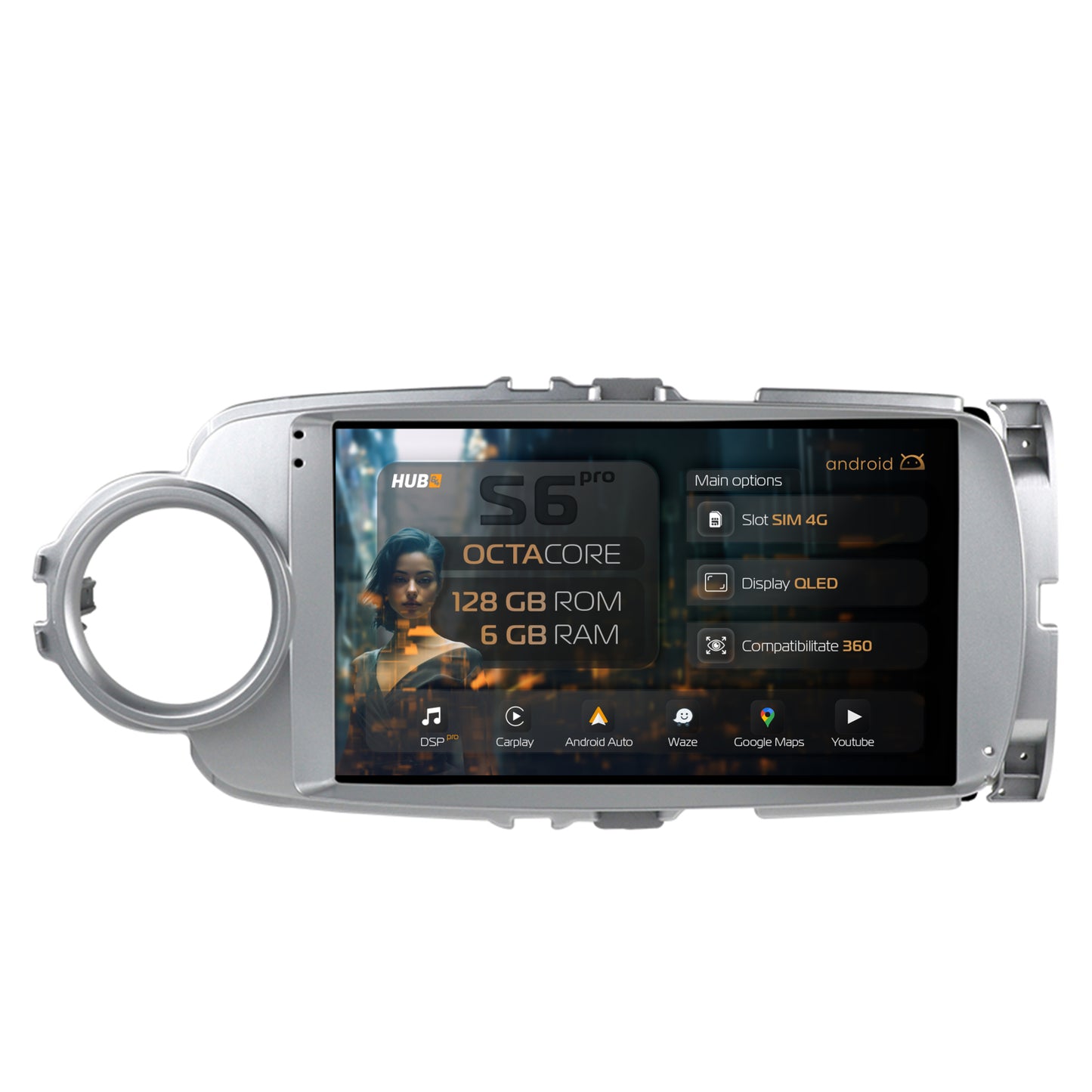 Navigatie HUB64 Toyota Yaris (2010-2018), 6GB RAM, Android, Octacore, Slot Sim 4G, DSP, GPS, Wi-FI, Carplay, Android Auto, USB, Bluetooth, Waze, Touchscreen, 9 Inch