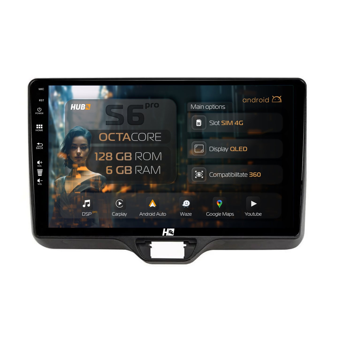 Navigatie HUB64 Toyota Yaris (2020+), 6GB RAM, Android, Octacore, Slot Sim 4G, DSP, GPS, Wi-FI, Carplay, Android Auto, USB, Bluetooth, Waze, Touchscreen, 10.1 Inch