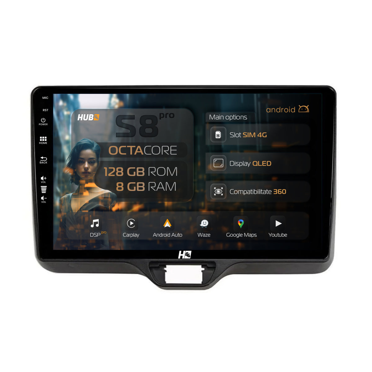 Navigatie HUB64 Toyota Yaris (2020+), 8GB RAM, Android, Octacore, Slot Sim 4G, DSP, GPS, Wi-FI, Carplay, Android Auto, USB, Bluetooth, Waze, Touchscreen, 10.1 Inch