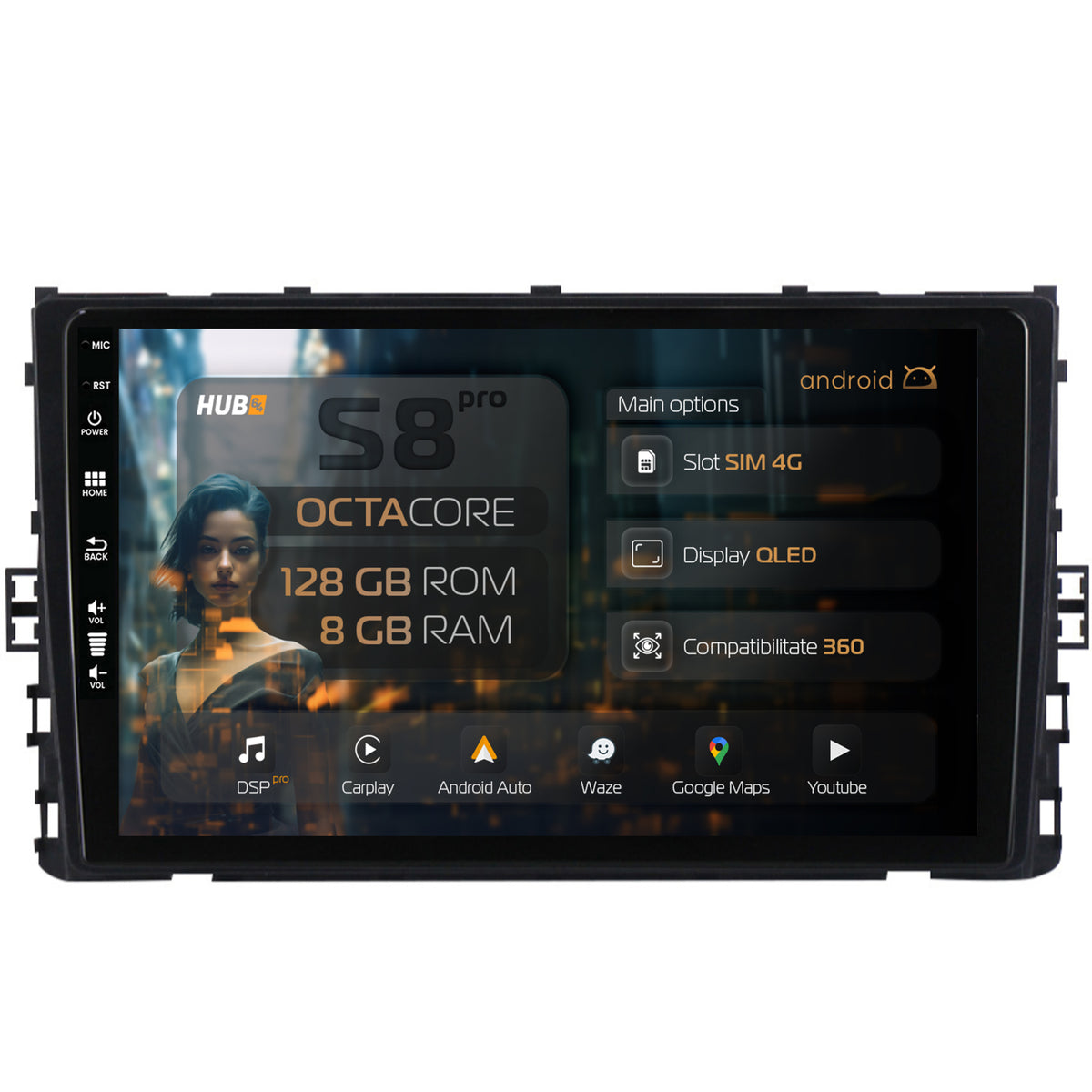Navigatie HUB64 Volkswagen Arteon (2017+), 8GB RAM, Android, Octacore, Slot Sim 4G, DSP, GPS, Wi-FI, Carplay, Android Auto, USB, Bluetooth, Waze, Touchscreen, 9 Inch