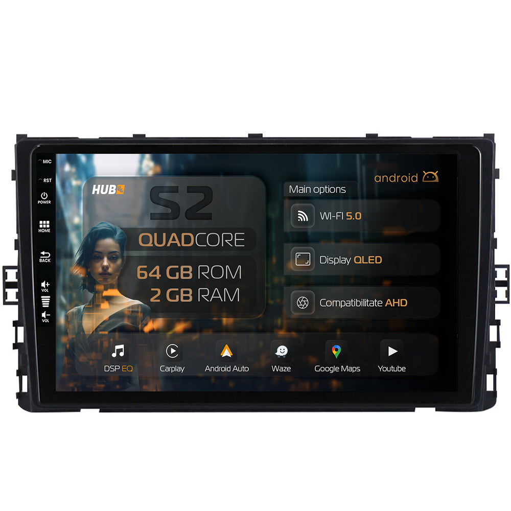 Navigatie HUB64 Volkswagen Polo (2018+), 2GB RAM, Android, GPS, Wi-FI, Carplay, Android Auto, USB, Bluetooth, Radio, Waze, Touchscreen, 9 inch