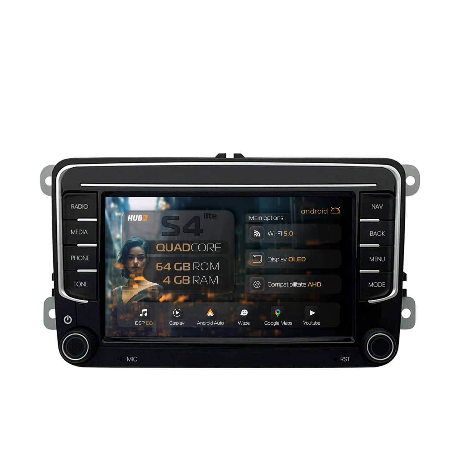 Navigatie HUB64 Volkswagen, Skoda, Seat, 4GB RAM, Android, GPS, Wi-FI, Carplay, Android Auto, USB, Bluetooth, Radio, Waze, Touchscreen, 7 inch
