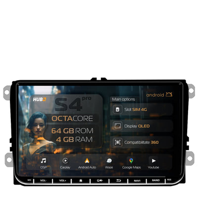 Navigatie HUB64 Volkswagen, Skoda, Seat, 4GB RAM, Android, Octacore, GPS, Wi-FI, Carplay, Android Auto, USB, Bluetooth, Radio, Waze, Touchscreen, 9 inch