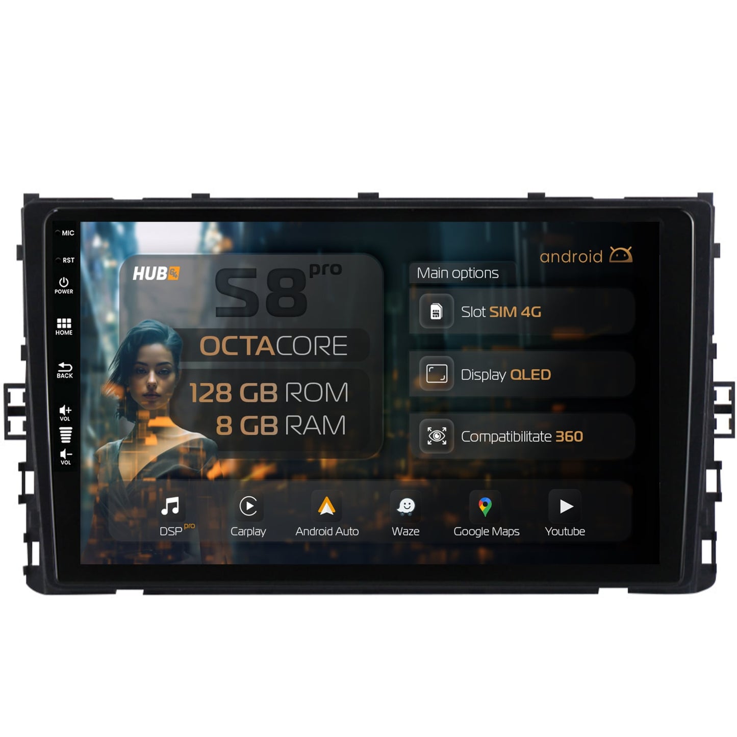 Navigatie HUB64 Volkswagen T-Roc (2017+), 8GB RAM, Android, Octacore, Slot Sim 4G, DSP, GPS, Wi-FI, Carplay, Android Auto, USB, Bluetooth, Waze, Touchscreen, 9 Inch