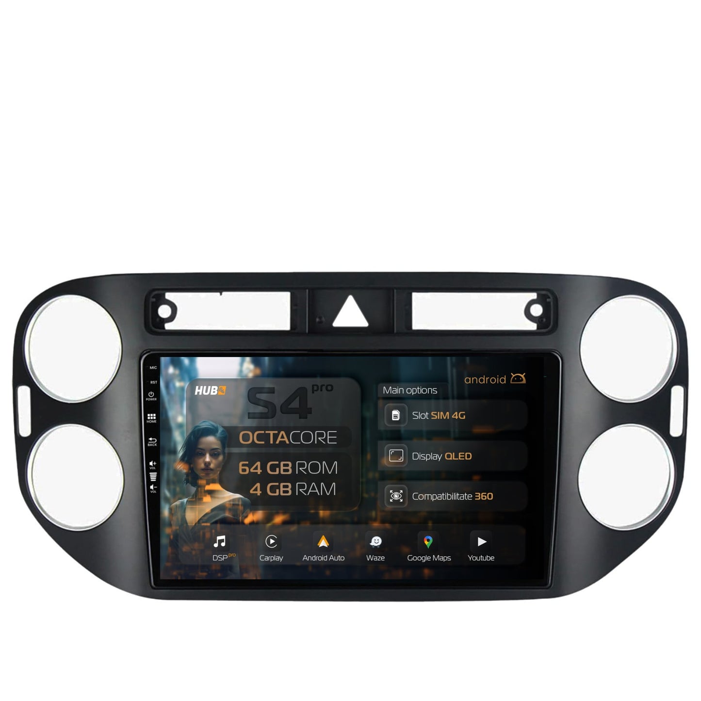 Navigatie HUB64 Volkswagen Tiguan (2008-2010) / VW Golf 5 Plus (2004-2012), 4GB RAM, Android, Octacore, Slot Sim 4G, DSP, GPS, Wi-FI, Carplay, Android Auto, USB, Bluetooth, Waze, Touchscreen, 9 inc