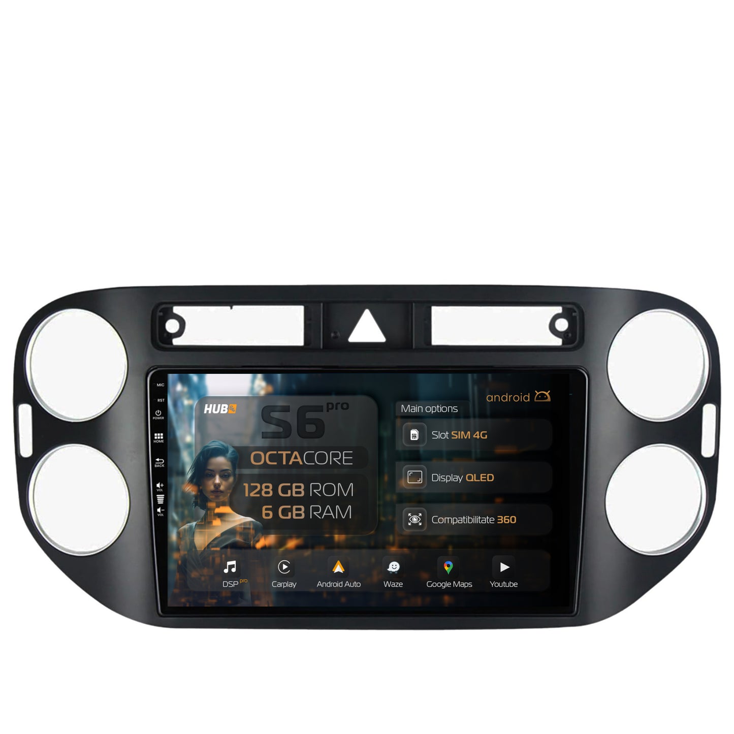 Navigatie HUB64 Volkswagen Tiguan (2008-2010) / VW Golf 5 Plus (2004-2012), 6GB RAM, Android, Octacore, Slot Sim 4G, DSP, GPS, Wi-FI, Carplay, Android Auto, USB, Bluetooth, Waze, Touchscreen, 9 Inc