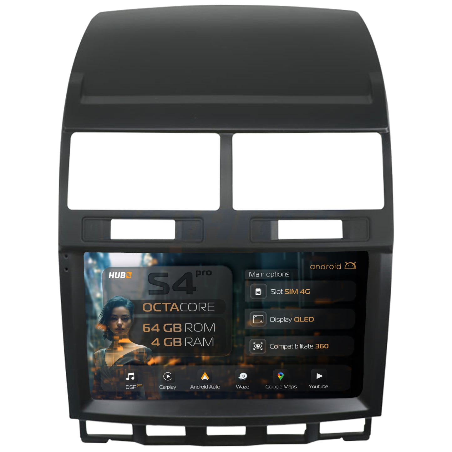 Navigatie HUB64 Volkswagen Touareg (2002-2011), 4GB RAM, Android, Octacore, Slot Sim 4G, DSP, GPS, Wi-FI, Carplay, Android Auto, USB, Bluetooth, Waze, Touchscreen, 9 inch