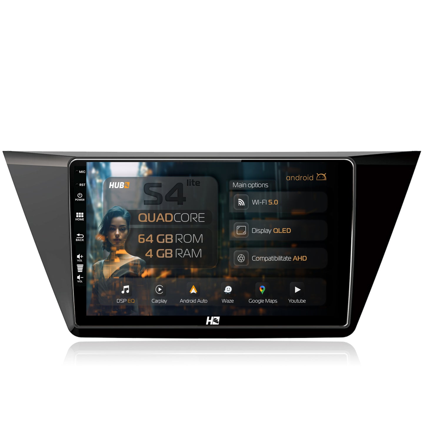 Navigatie HUB64 Volkswagen Touran (2016+), 4GB RAM, Android, Quadcore, DSP, GPS, Wi-FI, Carplay, Android Auto, USB, Bluetooth, Waze, Touchscreen, 10.1 Inch