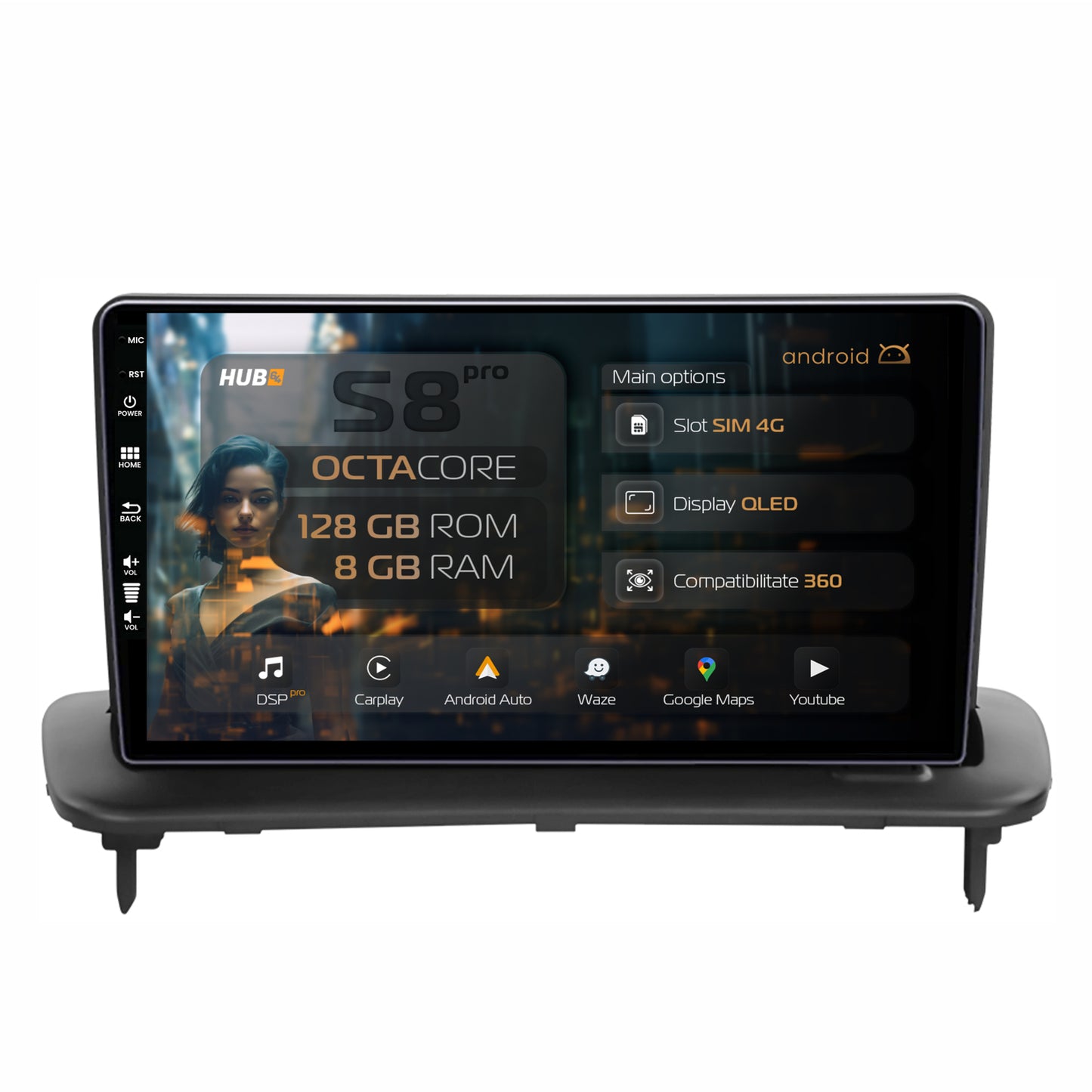 Navigatie HUB64 Volvo C40 C30 S40 C70 V50 (2004-2012), 8GB RAM, Android, Octacore, Slot Sim 4G, DSP, GPS, Wi-FI, Carplay, Android Auto, USB, Bluetooth, Waze, Touchscreen, 9 Inch -