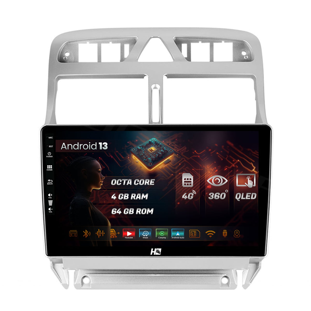 Navigatie HUB64 Peugeot 307, 4GB RAM, Android, Octacore, Slot Sim 4G, DSP, GPS, Wi-FI, Carplay, Android Auto, USB, Bluetooth, Waze, Touchscreen, 9 inch