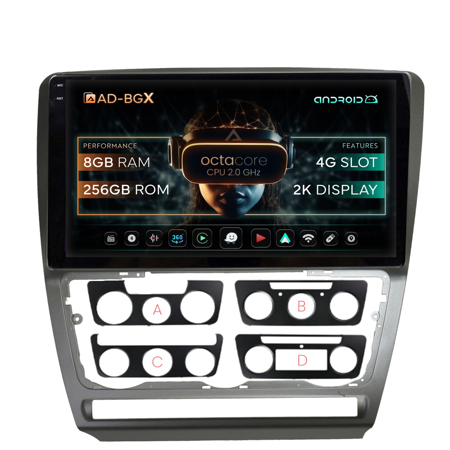 Navigatie Skoda Octavia 2, Android, X-Octacore / 8GB RAM + 256GB ROM, 10.36 Inch - AD-BGX10008+AD-BGRKIT048
