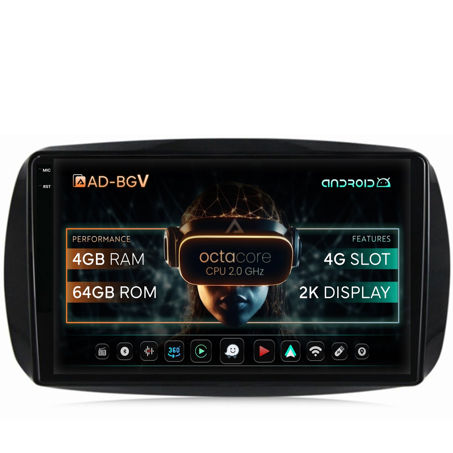 Navigatie Smart For Two (2016-Prezent), Android, V-Octacore / 4GB RAM + 64GB ROM, 9.5 Inch - AD-BGV9004+AD-BGRKIT412